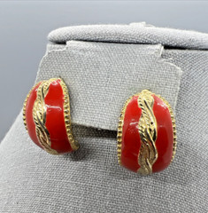 Vintage Red Enamel Gold Tone Post Earrings Statement Wavy Twist Design Bold 80s