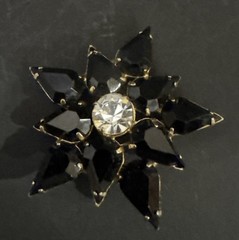 Vintage Black Flower Starburst Star Rhinestones Mid Century Gold Tone Brooch Pin