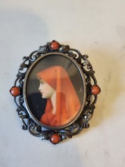 Italy Hand Painted Saint Fabiola Portrait Brooch after J J Henner