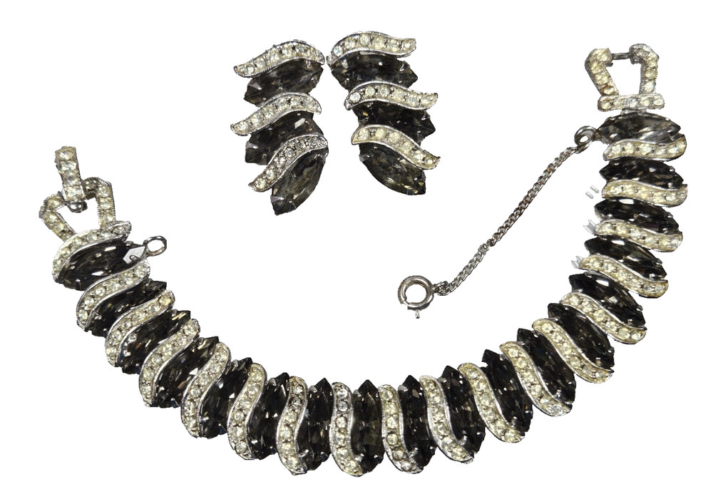 Vintage Weiss Smoky Crystal Rhinstone “Black Diamond” Bracelet & Earrings Set