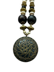 Vintage Boho Beaded Statement Necklace Brass Wood Round Pendant Black White