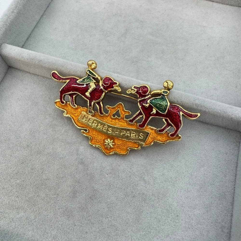 Vintage HERMES Paris Enamel Brooch Dog & Girl Gold Tone Cloisonné Pin France