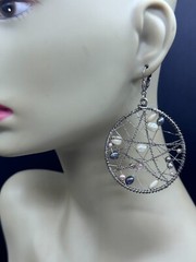 ESTATE SILVER TONE FAUX PEARL DREAM CATCHER LOOP HOOP WIRE DANGLE EARRINGS