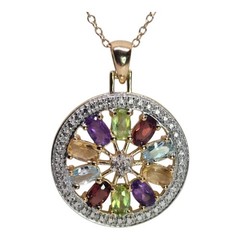 Natural Multi Gemstone Diamond Center Pendant 925 Silver Gold Plated Circle