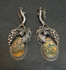 Mid Century Art Sterling SIlver Dangle Earrings Orbicular Jasper Grapevine Lever