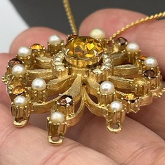 Vintage Francois by Coro Rhinestone Brooch & Pendant Necklace Gold Tone 16″
