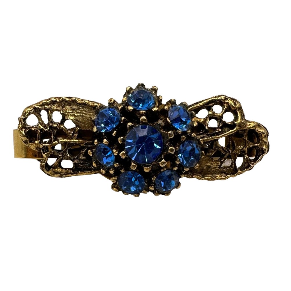 Vintage Gold Tone Filigree Blue Rhinestone Cluster Hinged Scarf Clip
