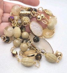 Vintage Bohemian Glass Bezels Gold Tone Statement Necklace 32in.