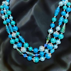 Vintage 3 Strand MCM Art Glass Lucite Bead Necklace Aqua Teal Blue 1950s-1960s