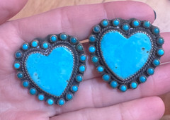 🩵 Vintage Turquoise Heart Earrings Sterling Native Zuni Style Cluster Halo OOAK
