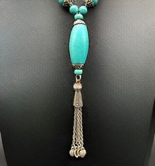 CHINESE TURQUOISE Necklace 70s Tassel Y-Drop 18” Silver Plated Statement #1 EUC