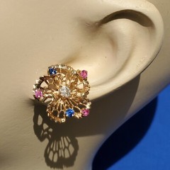 Original EARTH MINED DIAMOND Sapphire Ruby Deco Earrings Vintage SOLID 14K GOLD