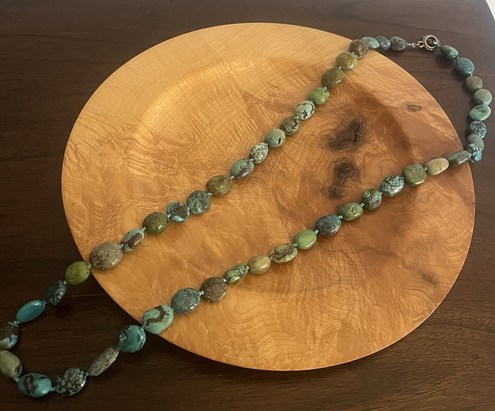 Vintage Chinese Export Turquoise Necklace Silver Clasp Natural Nuggets 30” inch