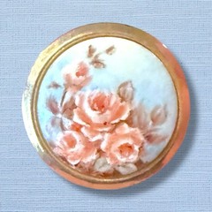 Porcelain Floral Brooch Gold Tone Round Pink Rose Vintage Pin