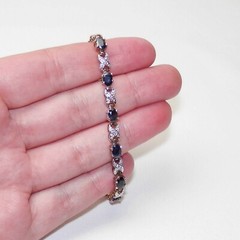 Vintage 925 Sterling Silver Gold Vermeil Dark Blue Stone Tennis Bracelet 6.75in