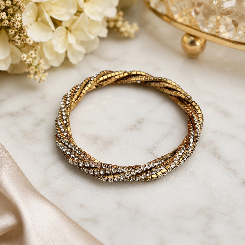 Gold Tone Clear Rhinestone Three Row Twisted Stretch Bracelet 6.5 In Vintage