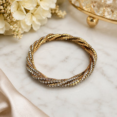 Gold Tone Clear Rhinestone Three Row Twisted Stretch Bracelet 6.5 In Vintage