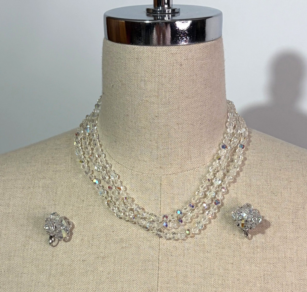3 Strand AB Round & Diamond Shape Choker Necklace & Clip Earrings Vintage