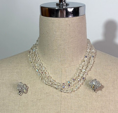 3 Strand AB Round & Diamond Shape Choker Necklace & Clip Earrings Vintage