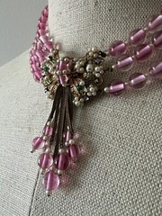 Early Miriam Haskell 3 Strand Pink Glass Filigree Wired Beads Festoon Necklace