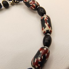 Vintage Barrel Bead Necklace Red Black White Abstract Tribal 22″ Matinee Length