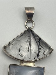 925 Sterling Silver Vtg Rutilated Quartz Gray Blue Agate And Black Oynx Pendant