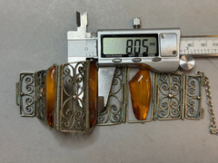 Vintage Soviet USSR Filigree Melchior Panel Bracelet Baltic Amber Honey Cognac