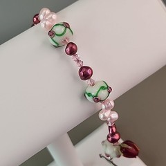 Glass Beaded Bracelet Lampwork Pink Freshwater Pearl Handmade 6.75″