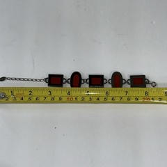 Vintage Bracelet Red Art Glass Retro Era Rectangle Silver Tone