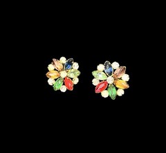 Vtg Flower Colorful Gem Petals Earrings 1”Screw Back Rhinestones Floral Pave