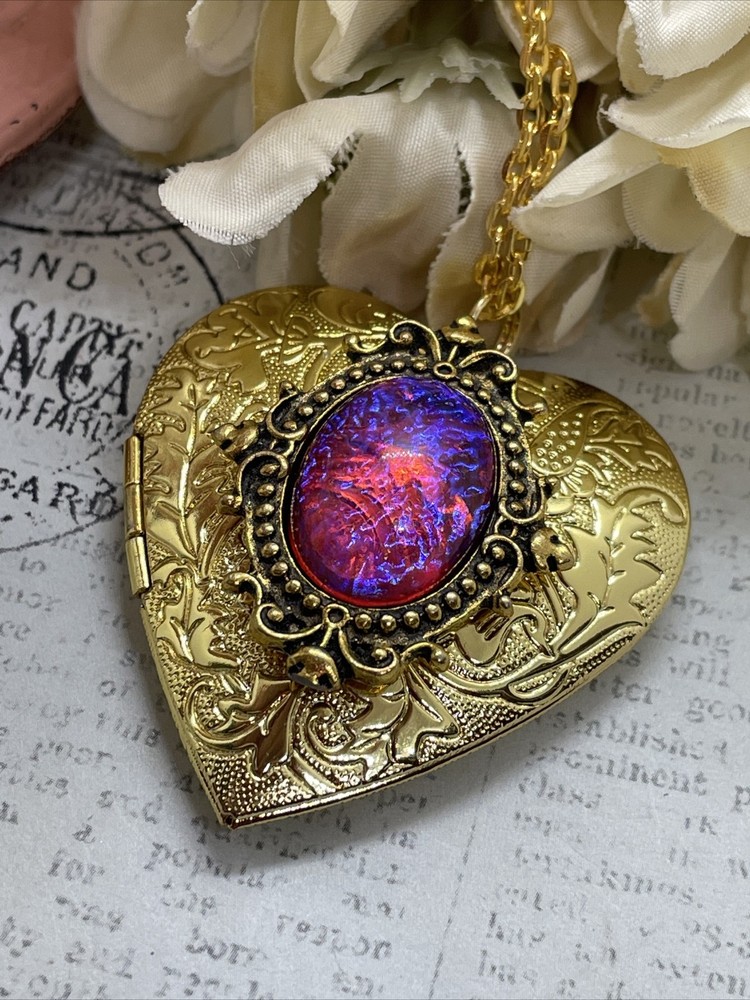 Gold Heart Locket Photo Fire Opal Dragon Birthday Anniversary Wedding Necklace