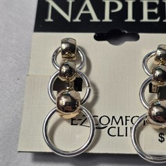 Vintage Signed Napier Clip On Dangle Earrings Silver Tone Rings & Spheres NEW