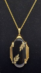 Large GF art deco black enamel Photo Locket Pendant Gold Filled Chain VTG Evans