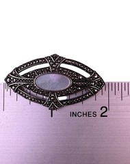 Vintage Silver Tone Brooch Marcasite & Mother-Of-Pearl Oval Design