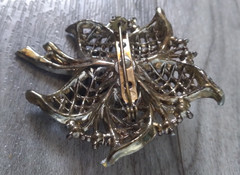 Floral Rhinestone Brooch 2.5in Vintage Pink Blue Clear Gold Tone Flower