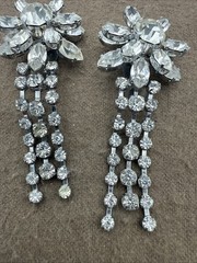 Vintage Clear Layered Rhinestone Dangle Drop Clip on Earrings Flowers