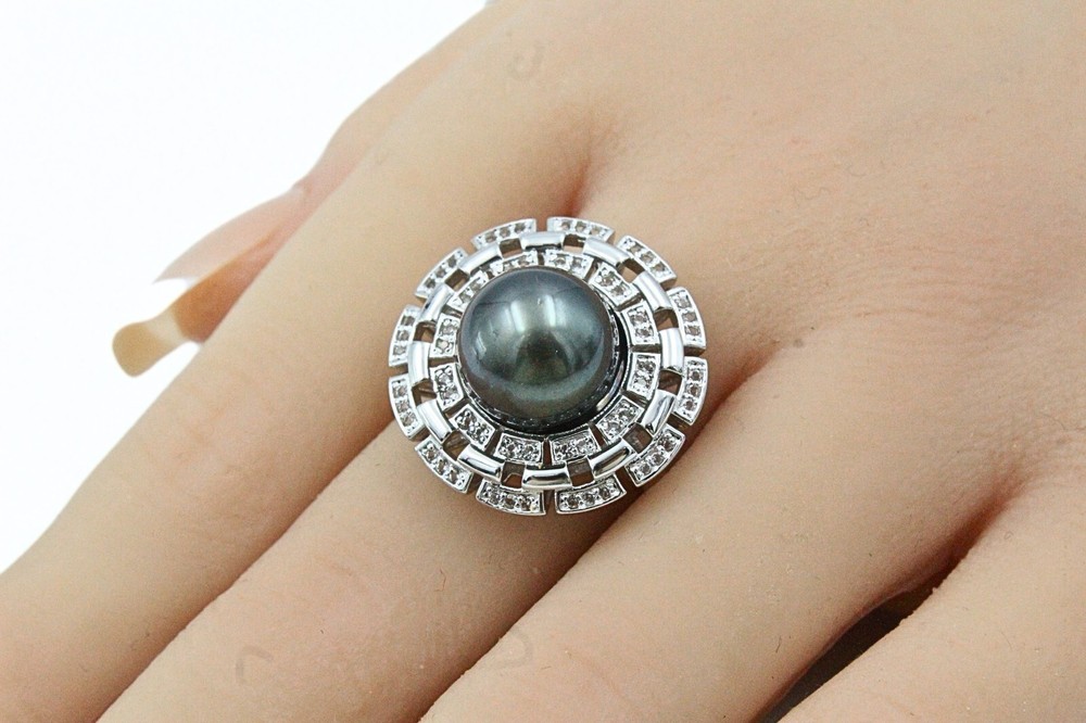 Contemporary Signed JTV Sterling Silver Tahitian Pearl White Topaz Ring Sz 7