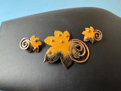 Vintage Matisse Renoir Enamel on Copper Leaf Brooch & Earrings Set Signed