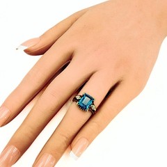 Antique Art Deco Marked 10K Emerald Cut Blue Topaz Diamond Ring Sz 4