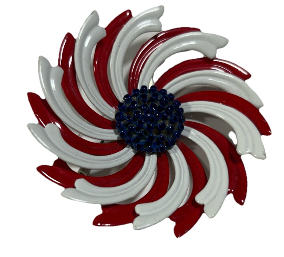 Patriotic Enamel Flower Power Brooch Pin Red White Blue Swirls 60s Daisy USA VTG