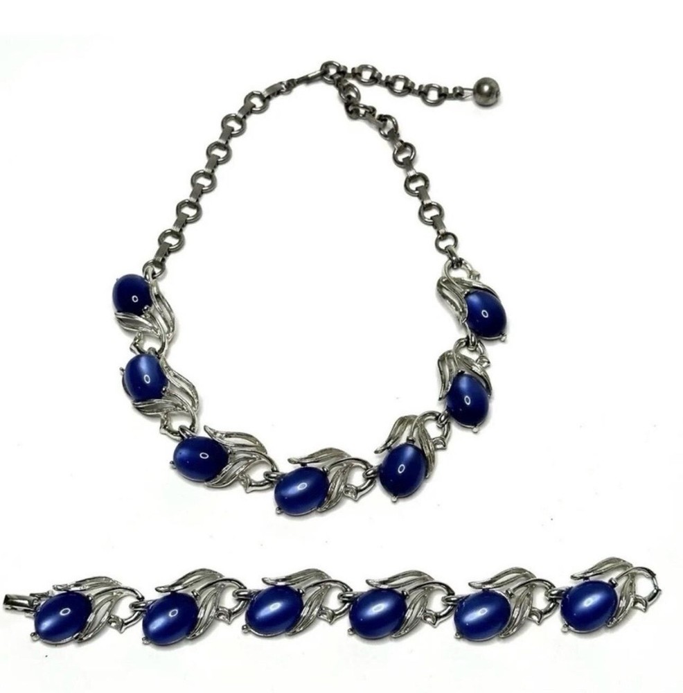 Vtg 1950s Lisner Signed Cobalt Blue Cabochon Leaf Necklace Bracelet Demi Parure