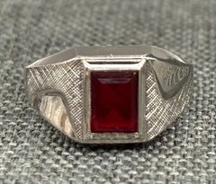 Vintage 18K HGE White Gold Plated Red Stone Signet Ring Men’s Art Deco Style 8