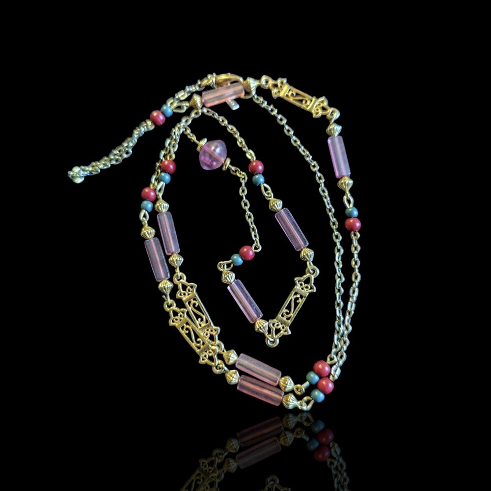Casual Corner Purple Glass Bar Filigree Station Chain Necklace 32in Gold Tone
