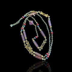Casual Corner Purple Glass Bar Filigree Station Chain Necklace 32in Gold Tone