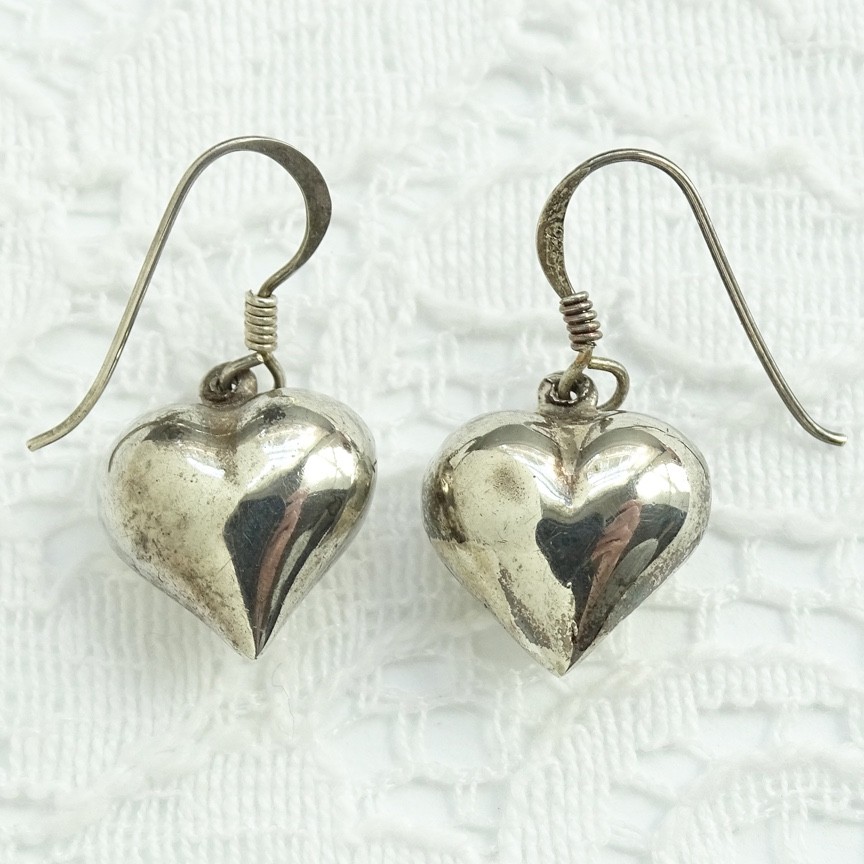 Vintage 3-D Puffy HEART Drop Dangle Pierced Earrings 925 Sterling Silver 1 1/8”