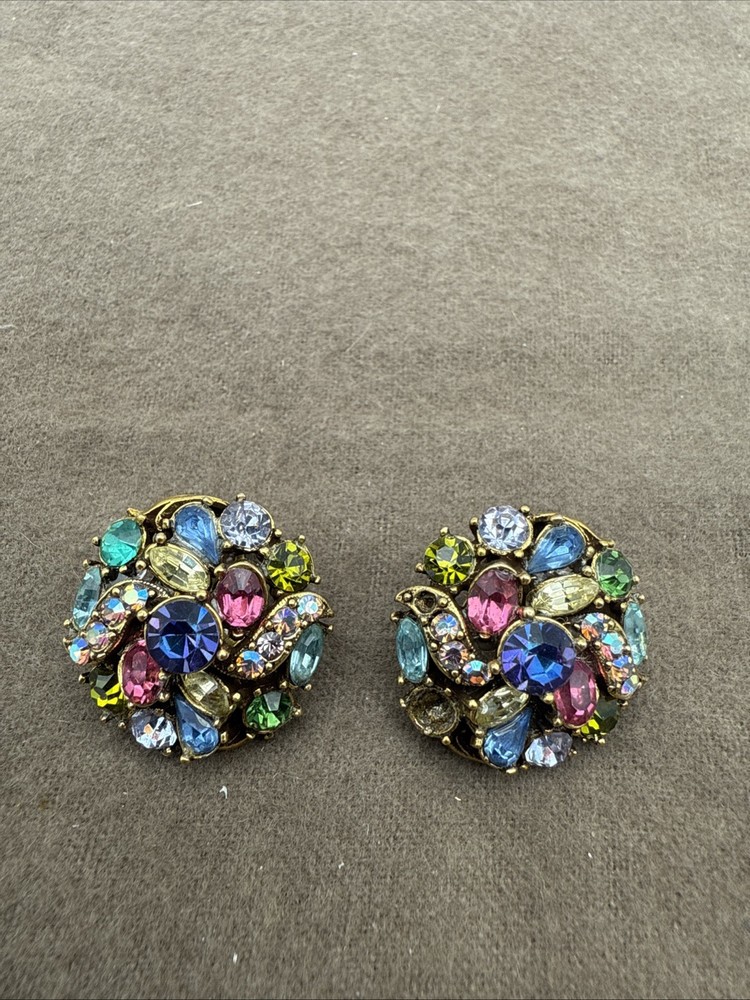 1950’s HOLLYCRAFT signed Multicolor Pastel Rhinestones Earrings READ