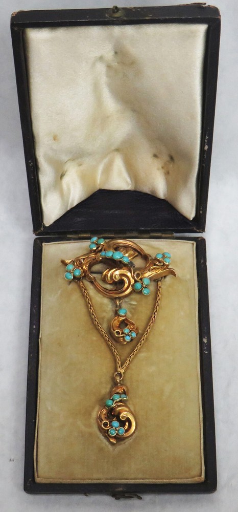ANTIQUE 18K GOLD & TURQUOISE c.1880’s BROOCH IN FITTED CASE