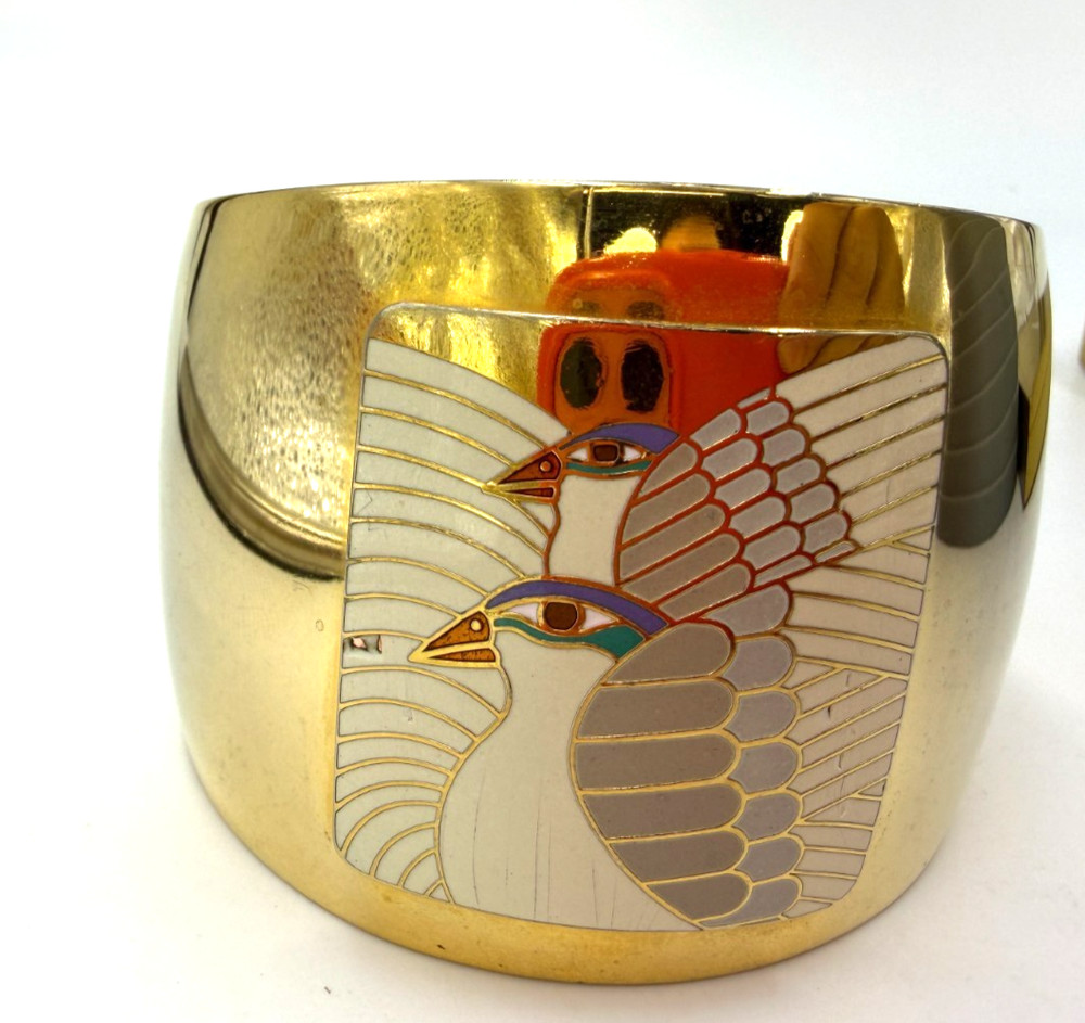 Vintage Bracelet Laurel Burch Cuff White Birds 6.5 inches Goldtone Signed