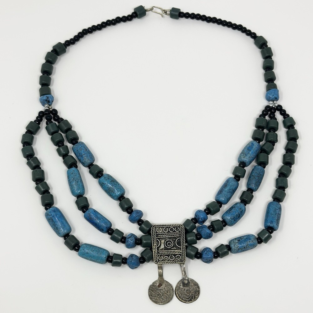 Vintage Antique Silver Tone Bedouin Glass Trade Beads Necklace Artisan Coins 21”