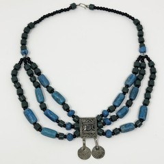 Vintage Antique Silver Tone Bedouin Glass Trade Beads Necklace Artisan Coins 21”